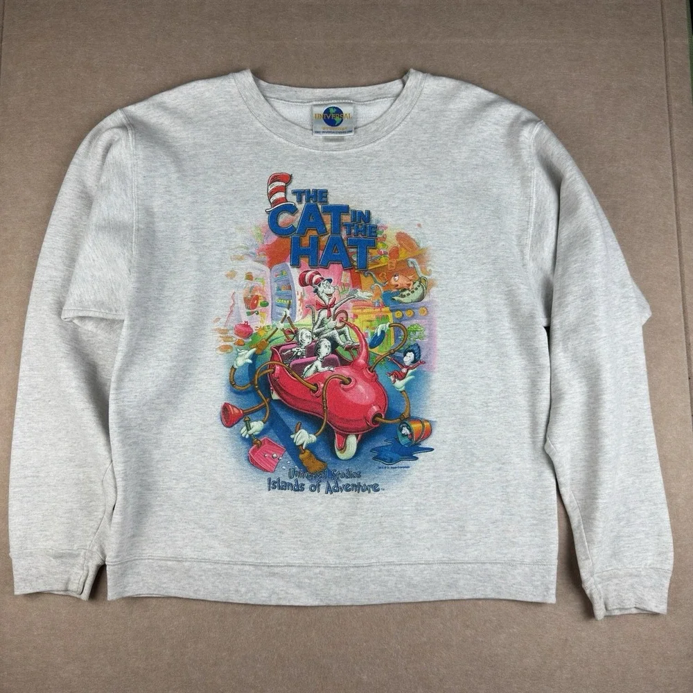Vintage Cat in the‎ Hat Sweatshirt Unisex M Gray Universal Studios Seuss Landing